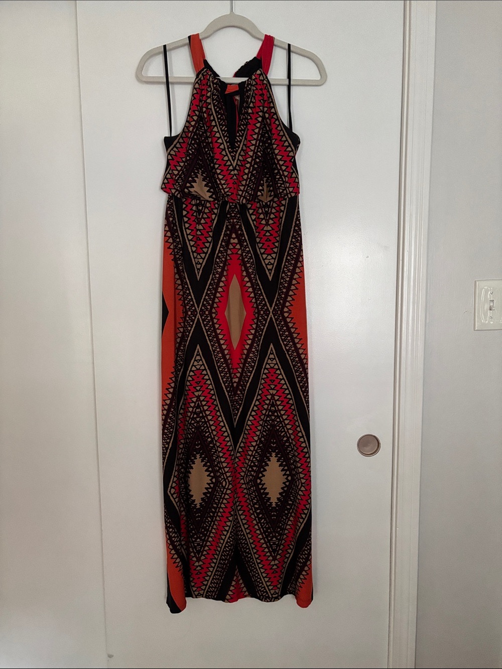 Halter Geometric Maxi Dress in Orange and Black